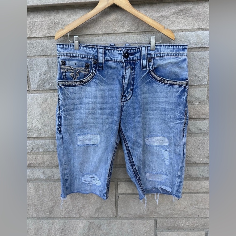 Rock Revival Shorts Mens Straight Boot Cut Denim Distressed Raw Hem Size 38
